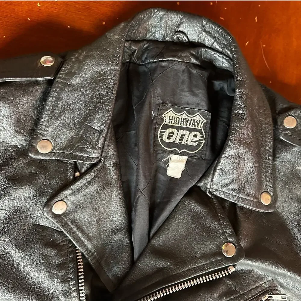 Vintage Highway One Motorcycle Black Moto Jacket M Oversized Belted Lined